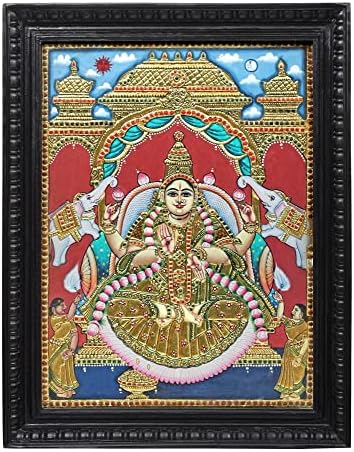 הודו האקזוטי 21 x 27 Padmasana gajalakshmi tanjore ציור | צבעים מסורתיים עם זהב 24 קראט | מסגרת עץ טיק